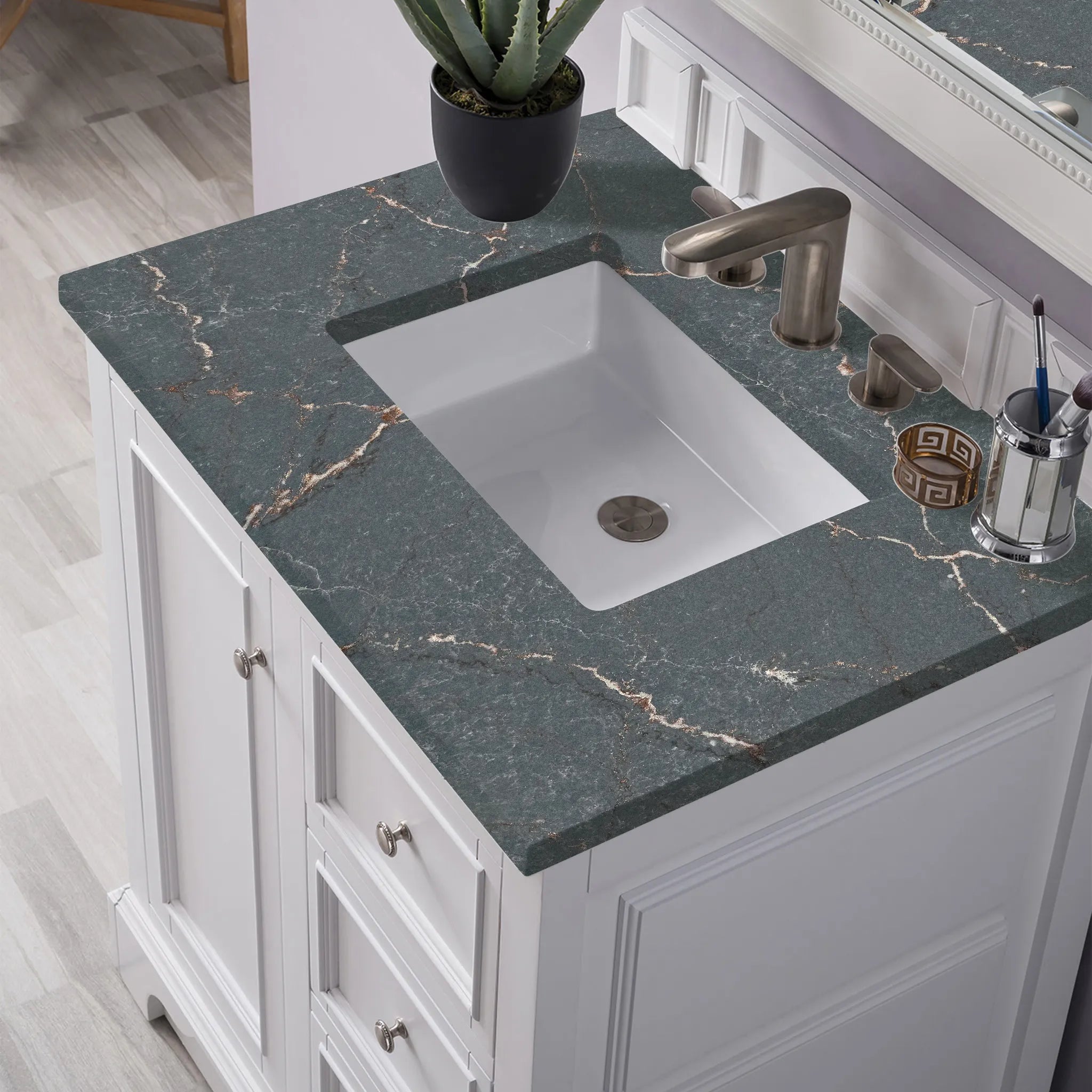 De Soto 30" Single Vanity in Bright White-Parisien Bleu Silestone-8" Widespread image 4