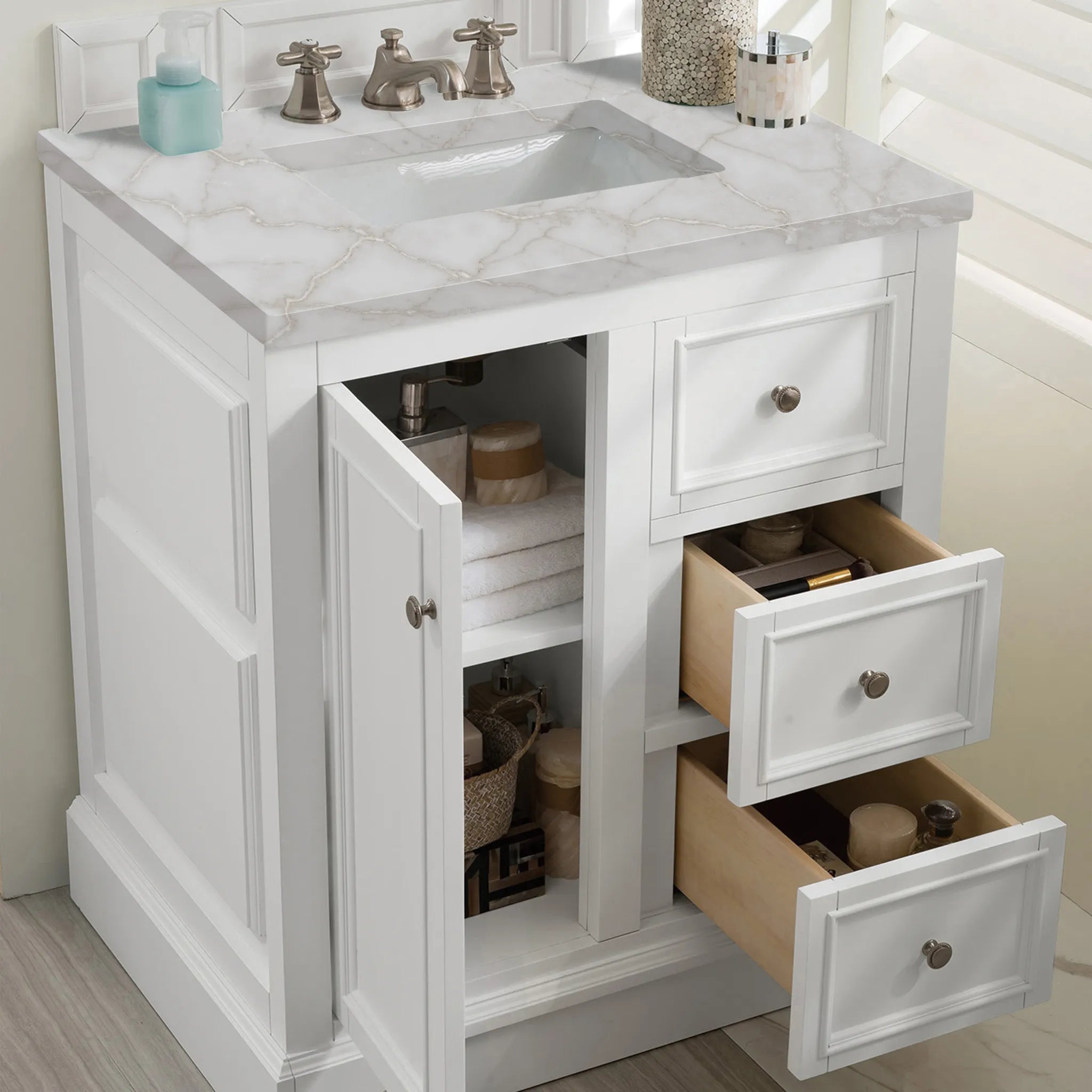 De Soto 30" Single Vanity in Bright White-Victorian Silver Silestone-8" Widespread image 3