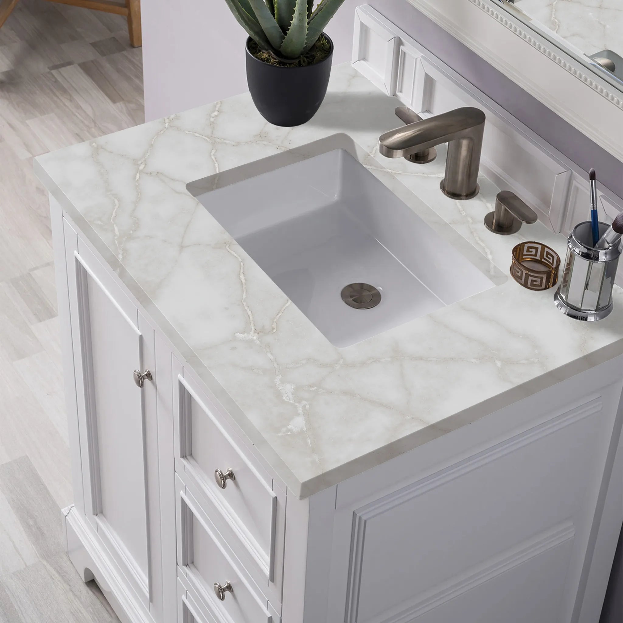 De Soto 30" Single Vanity in Bright White-Victorian Silver Silestone-8" Widespread image 4