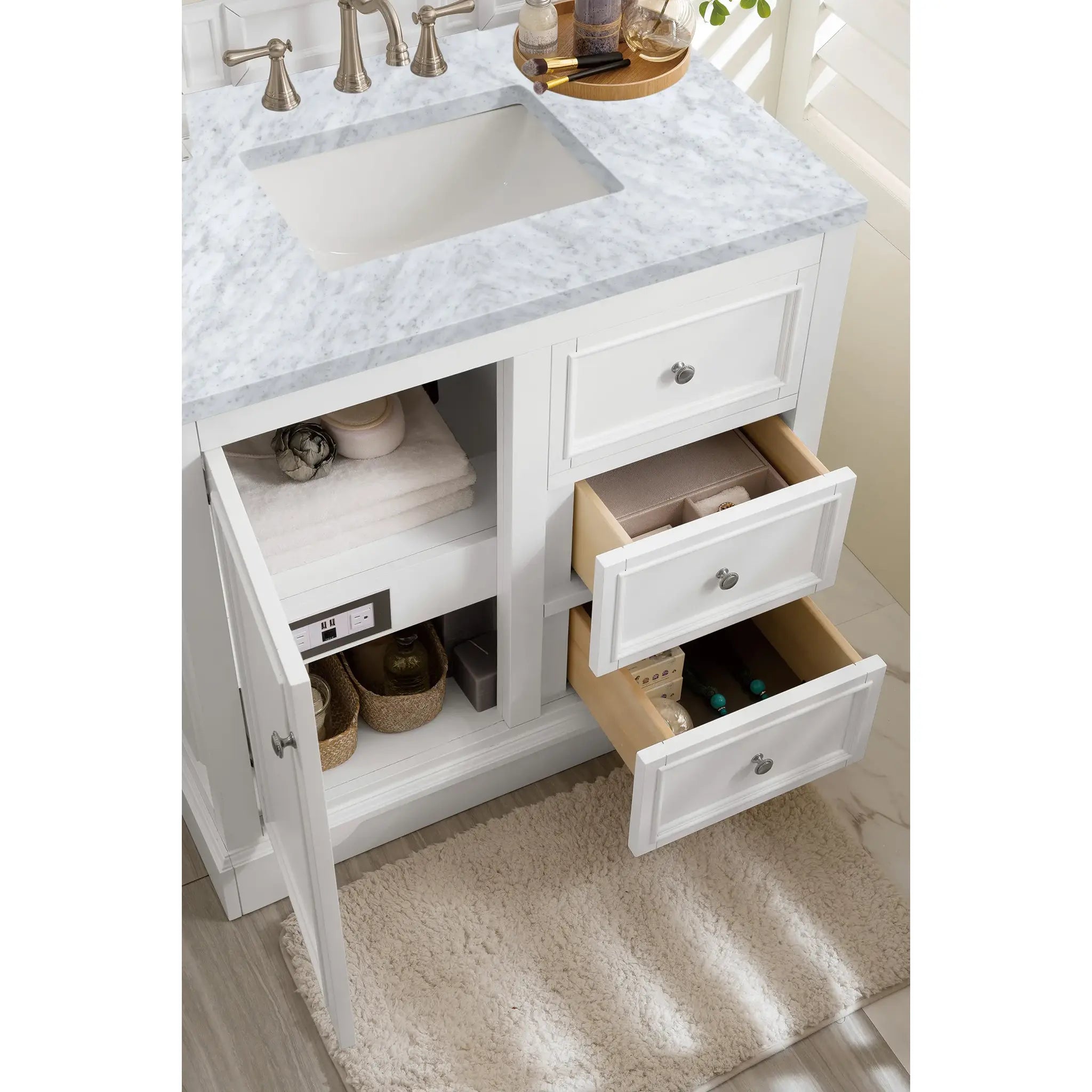 De Soto 36" Single Vanity in Bright White-Carrara White Marble-8" Widespread image 3