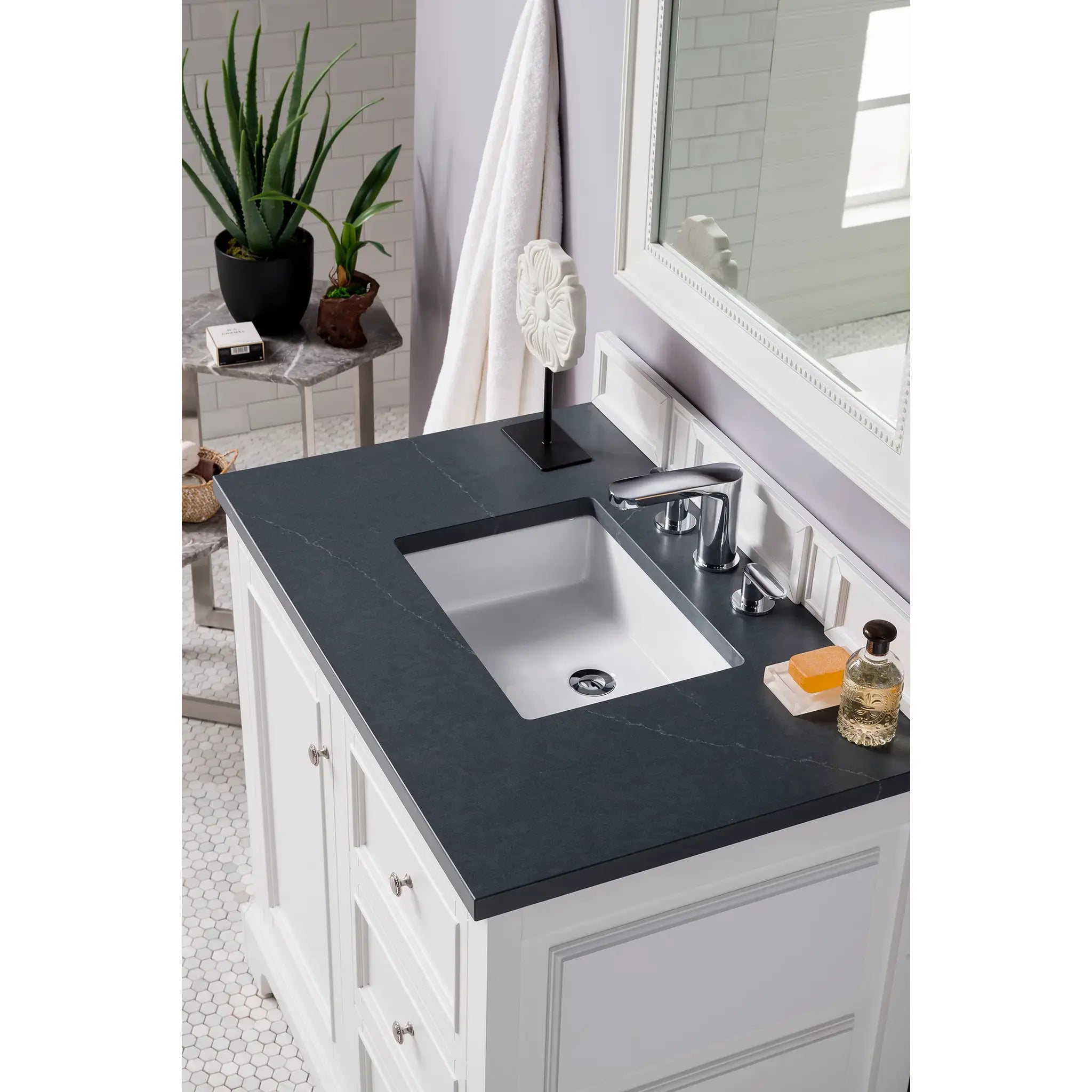 De Soto 36" Single Vanity in Bright White-Charcoal Soapstone Silestone-8" Widespread image 2