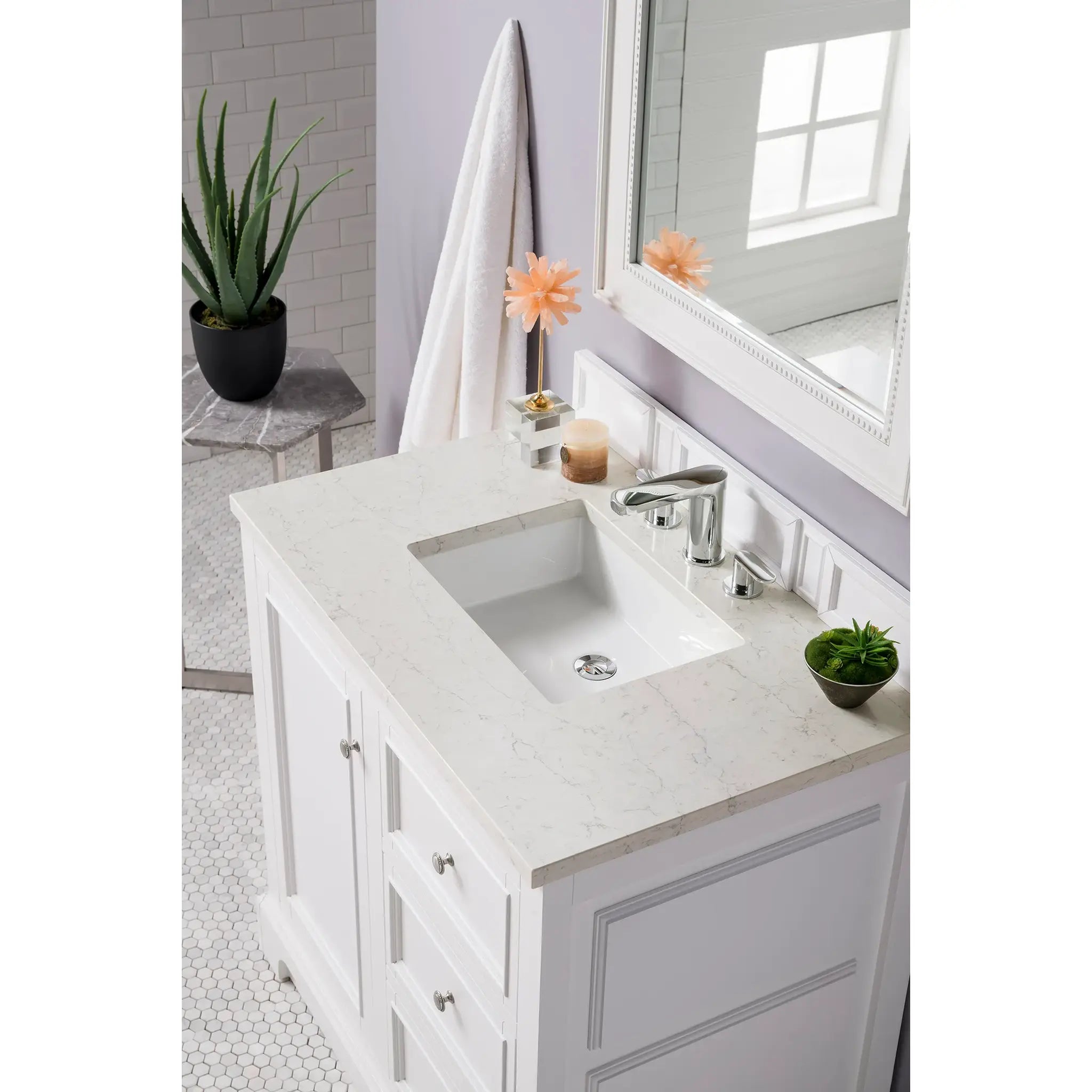 De Soto 36" Single Vanity in Bright White-Eternal Jasmine Pearl Silestone-8" Widespread image 2