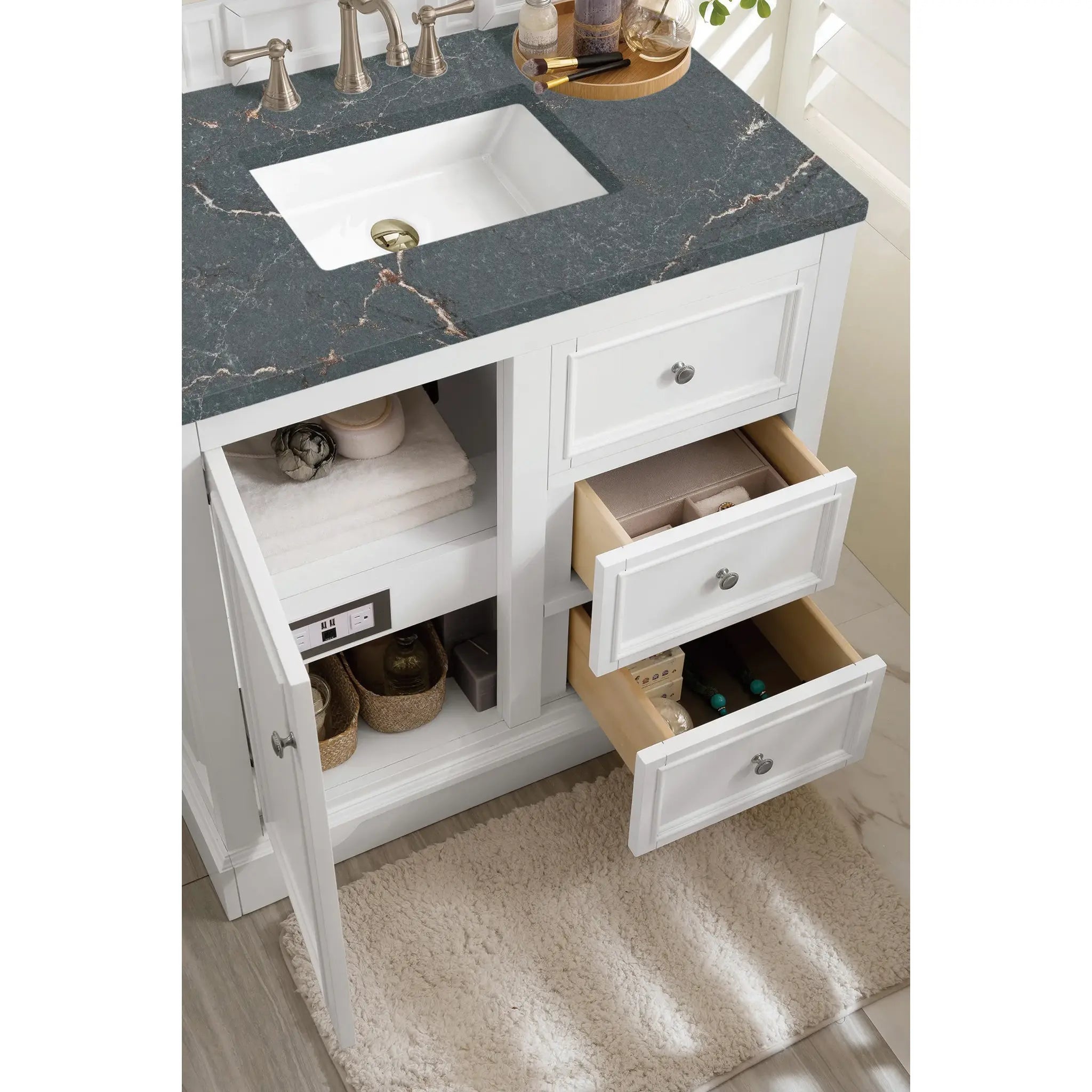 De Soto 36" Single Vanity in Bright White-Parisien Bleu Silestone-8" Widespread image 3