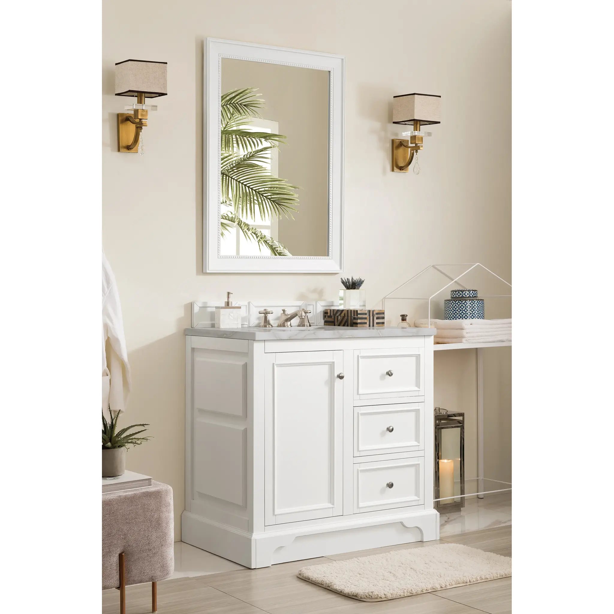 De Soto 36" Single Vanity in Bright White-Victorian Silver Silestone-8" Widespread image 2