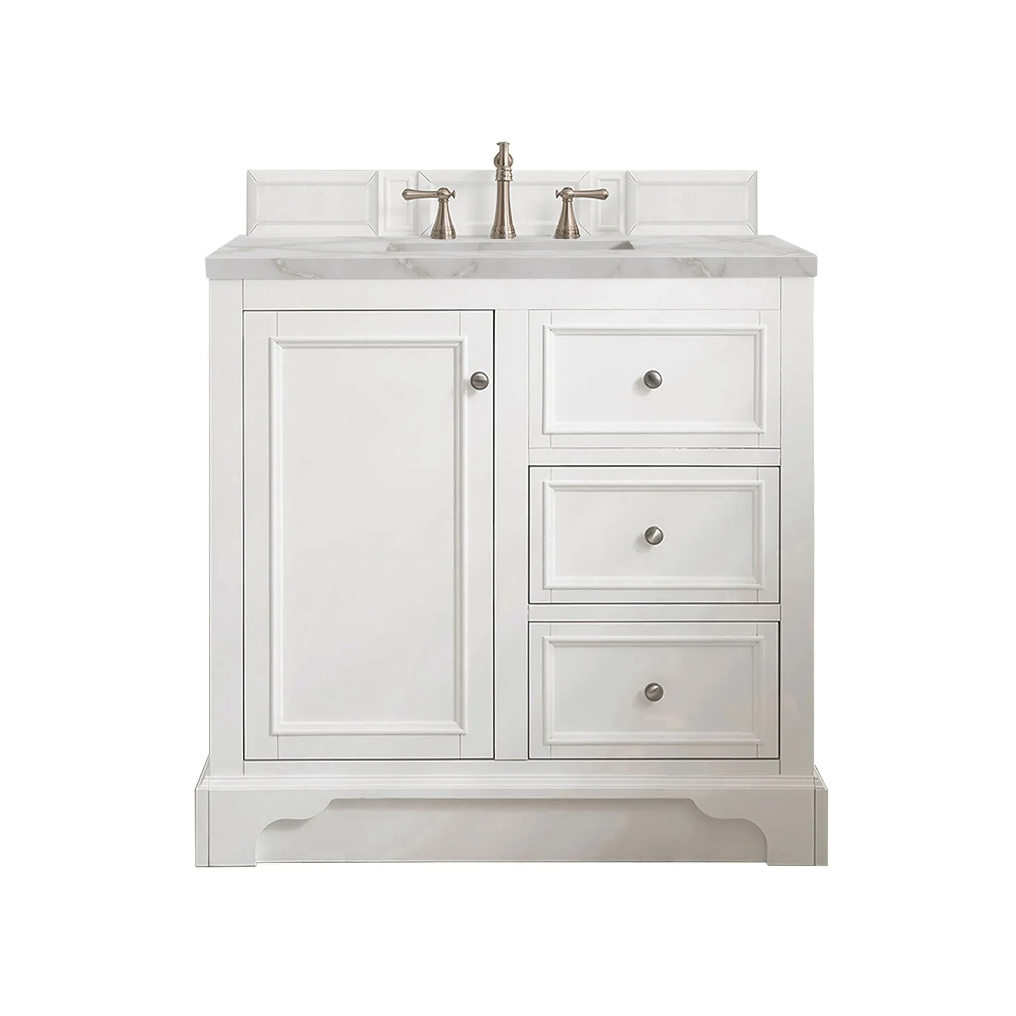 De Soto 36" Single Vanity in Bright White-Victorian Silver Silestone-8" Widespread image