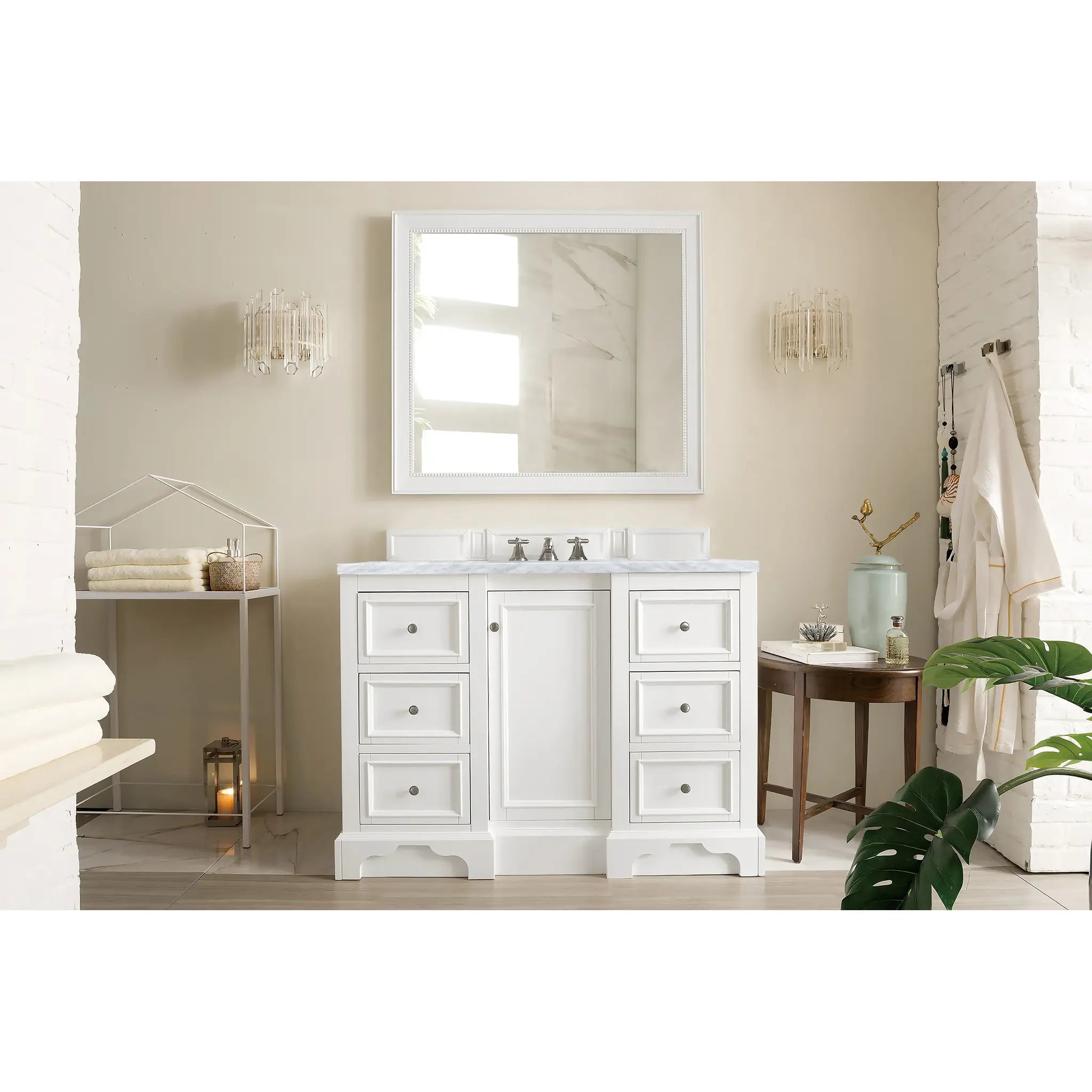 De Soto 48" Single Vanity in Bright White-Carrara White Marble-8" Widespread image 1