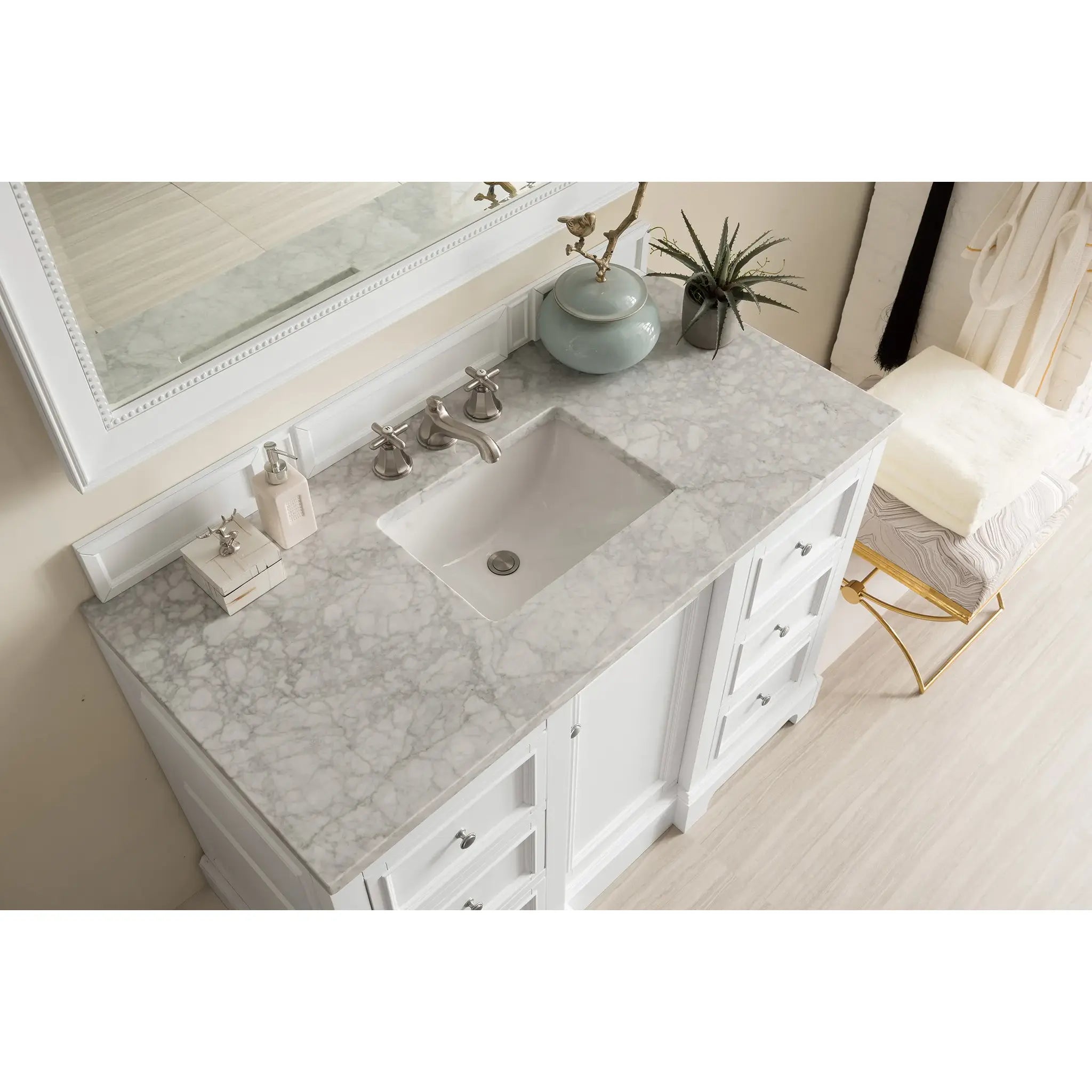 De Soto 48" Single Vanity in Bright White-Carrara White Marble-8" Widespread image 2