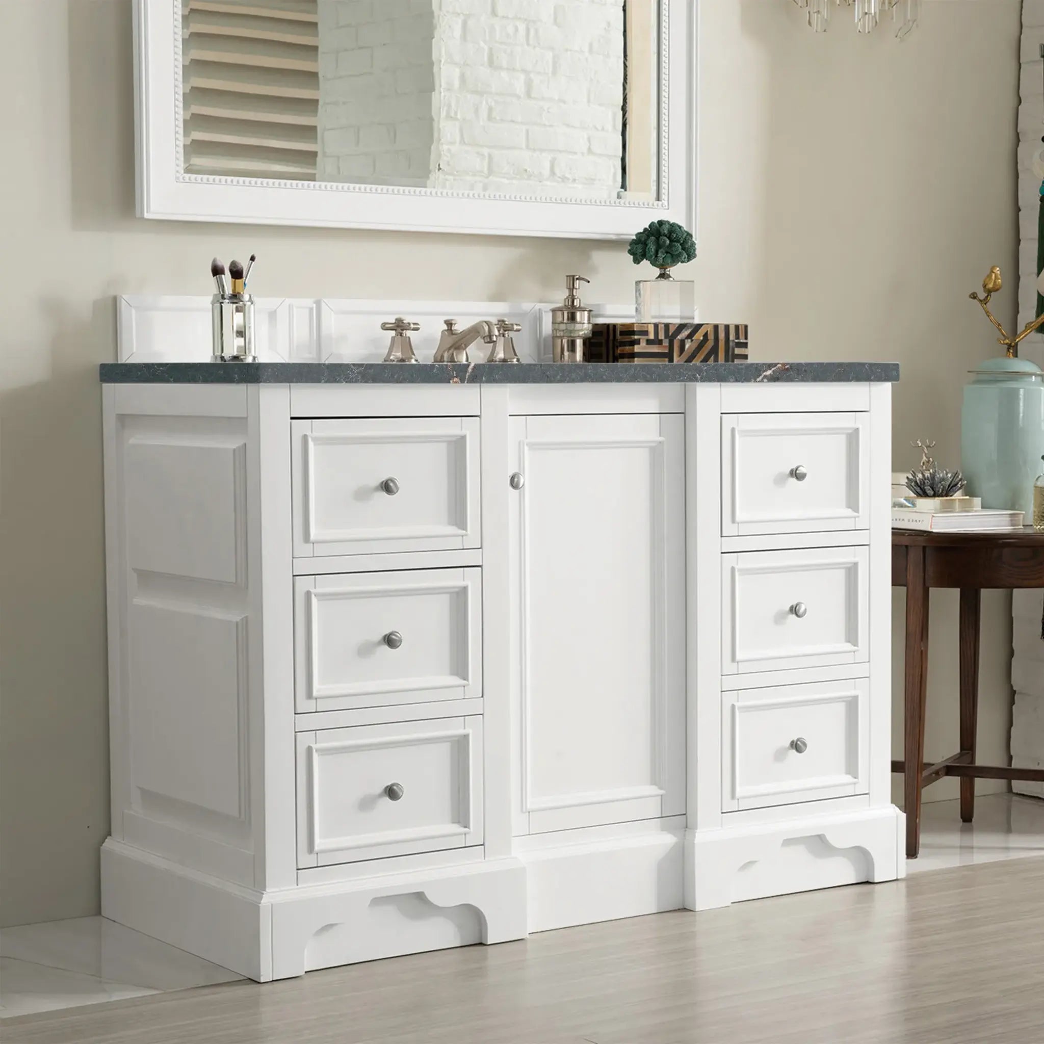 De Soto 48" Single Vanity in Bright White-Parisien Bleu Silestone-8" Widespread image 2