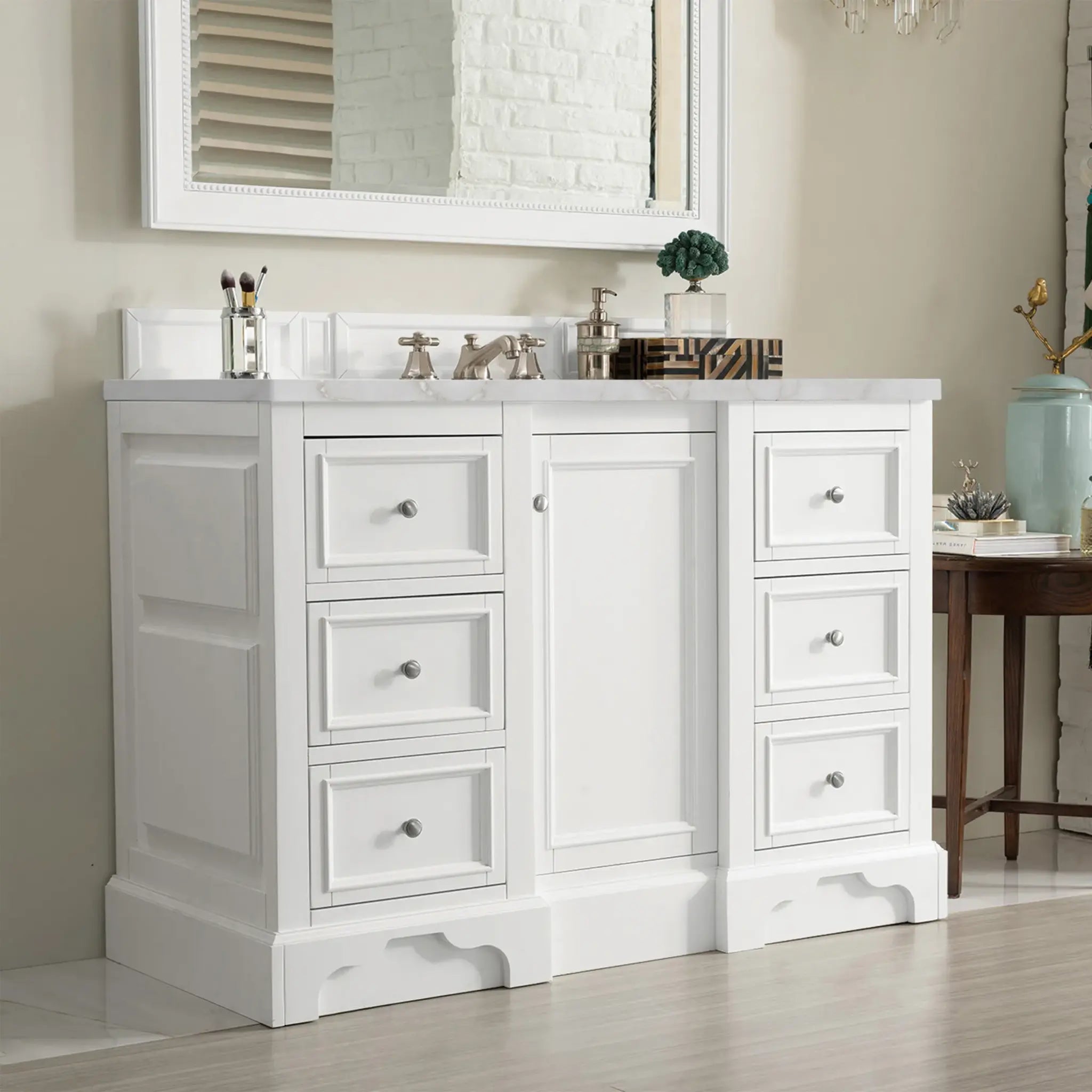 De Soto 48" Single Vanity in Bright White-Victorian Silver Silestone-8" Widespread image 2