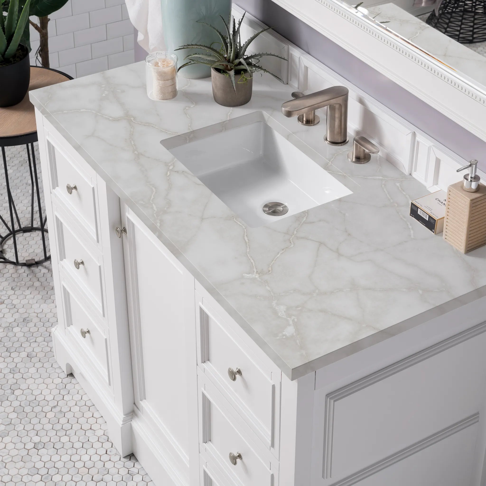 De Soto 48" Single Vanity in Bright White-Victorian Silver Silestone-8" Widespread image 4