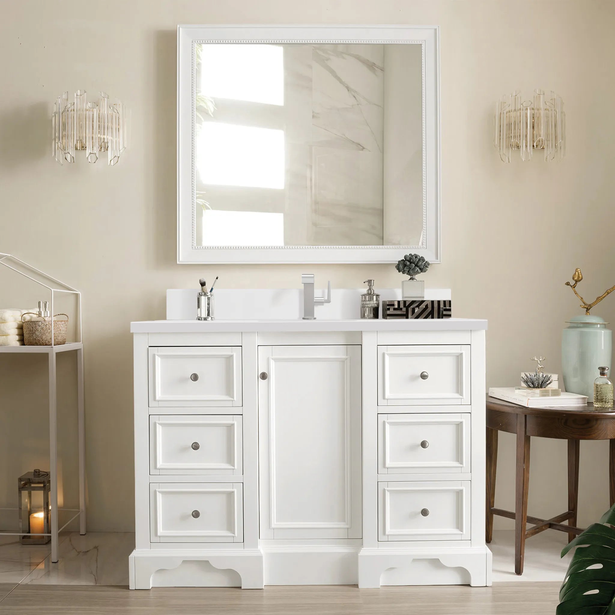 De Soto 48" Single Vanity in Bright White-White Zeus Silestone & Backsplash-Single Hole image 1