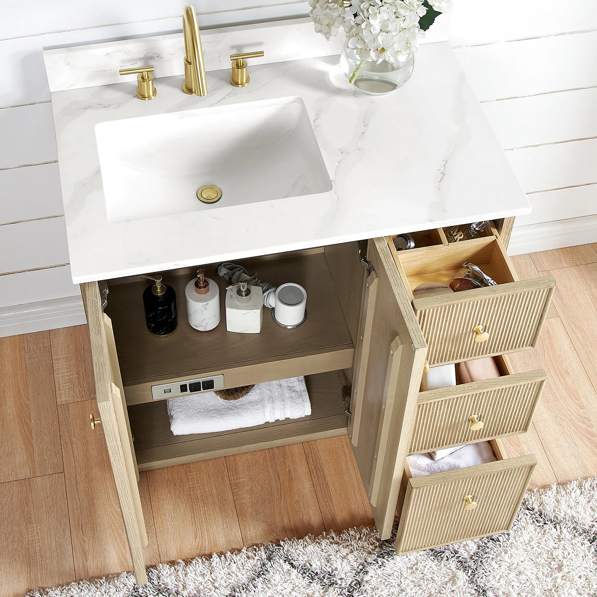 Open doors and drawers on the 36-inch Aged Natural Oak vanity showing the storage inside