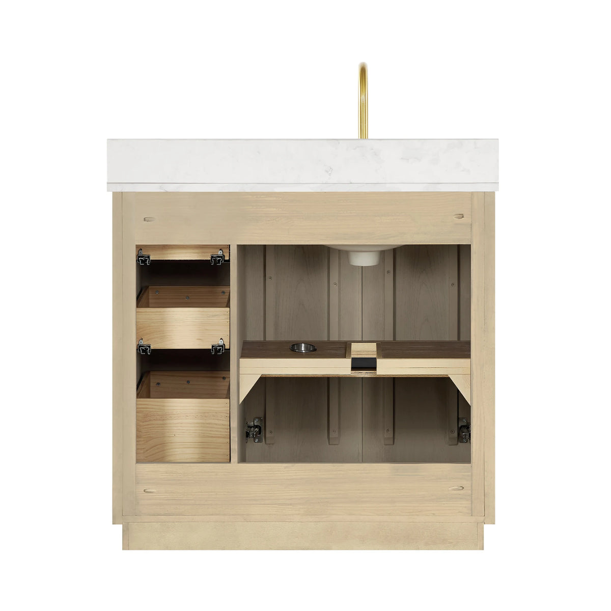 Open cabinet seen from behind, no back panel, on the 36-inch Aged Natural Oak vanity