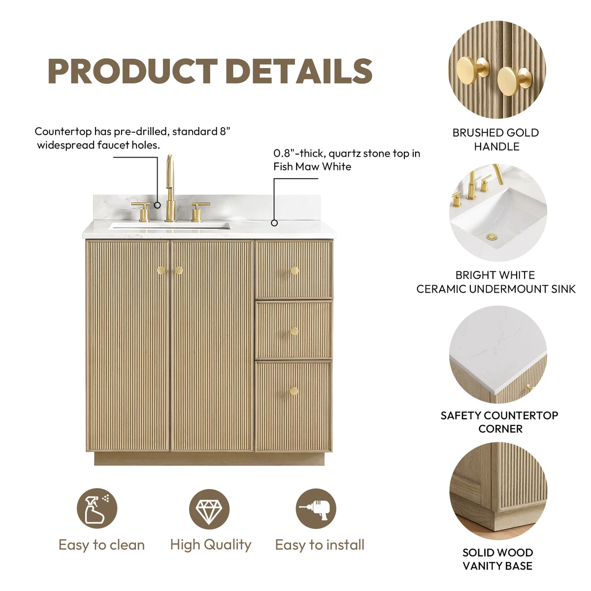Product details infographic: 8 inch widespread faucet holes, quartz top, Brushed Gold handle, ceramic undermount sink