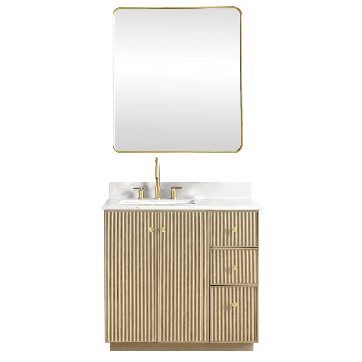 Front view on white of the 36-inch Aged Natural Oak vanity paired with its rectangular mirror