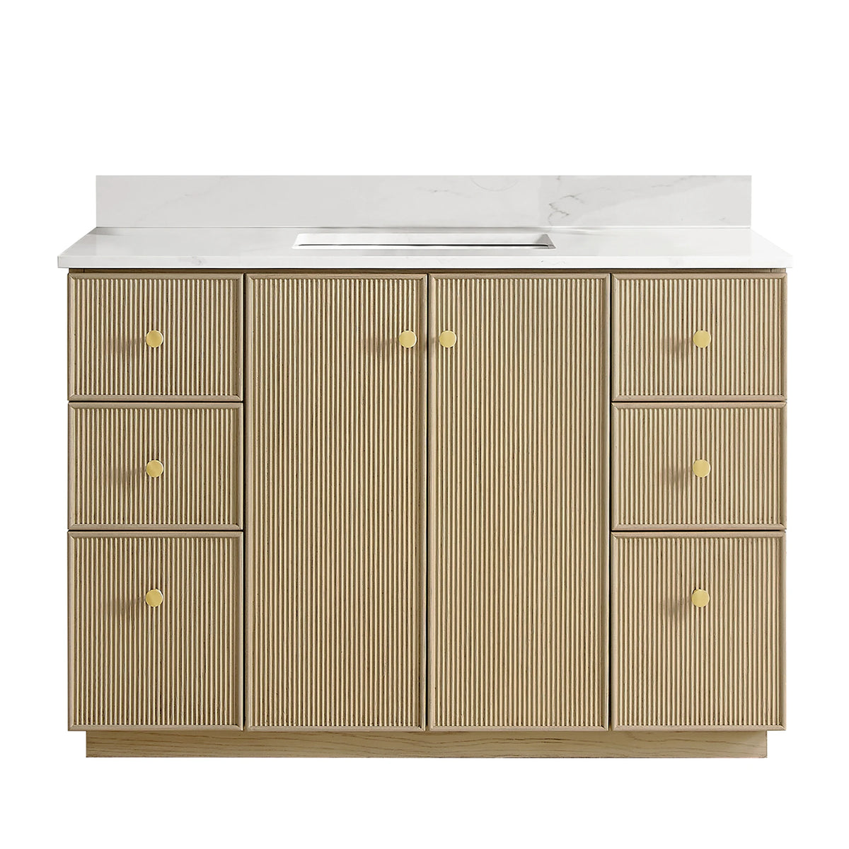 Straight-on view of the 48-inch Aged Natural Oak single vanity without a mirror, white background