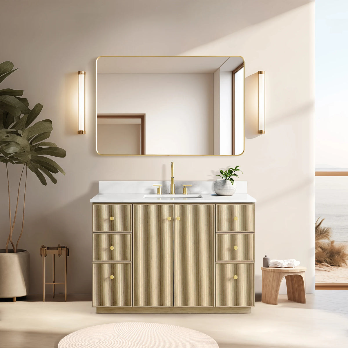 Bathroom room scene featuring the 48-inch Aged Natural Oak single vanity with quartz top