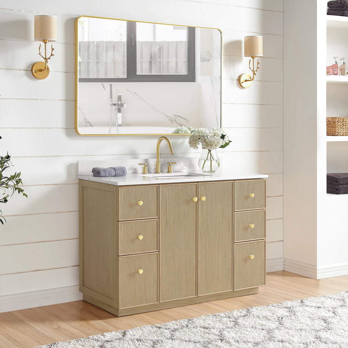 Second room view of the 48-inch single vanity in Aged Natural Oak