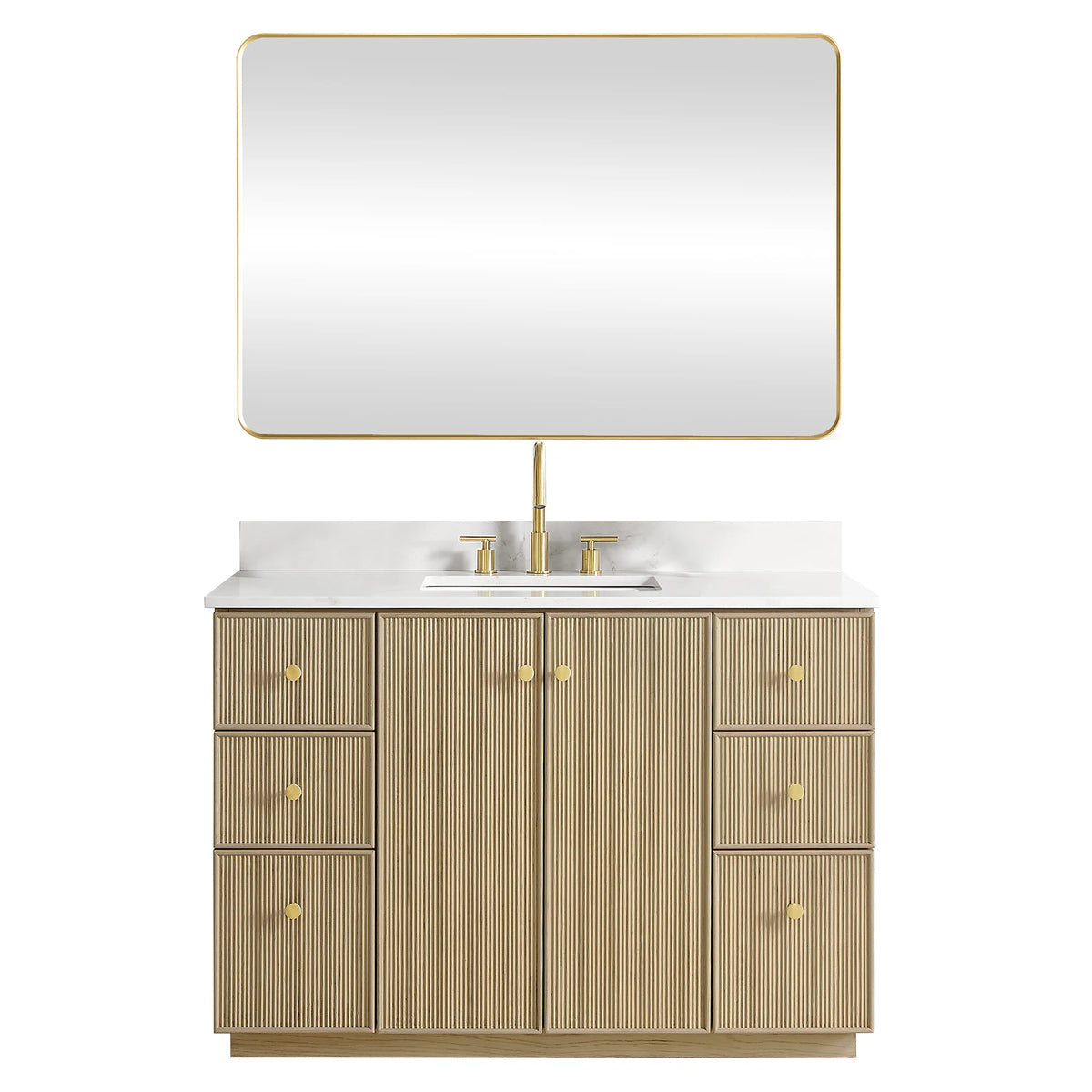 Front view on white of the 48-inch Aged Natural Oak vanity paired with its rectangular mirror