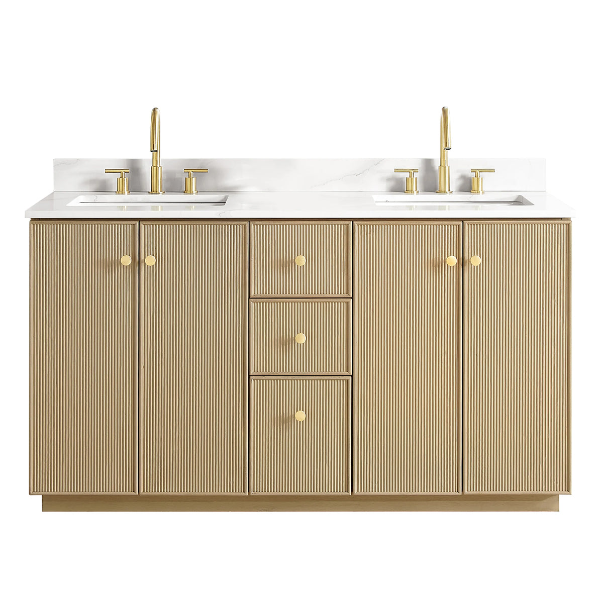 Aged Natural Oak finish on a 60-inch double bathroom vanity, front view against a white background