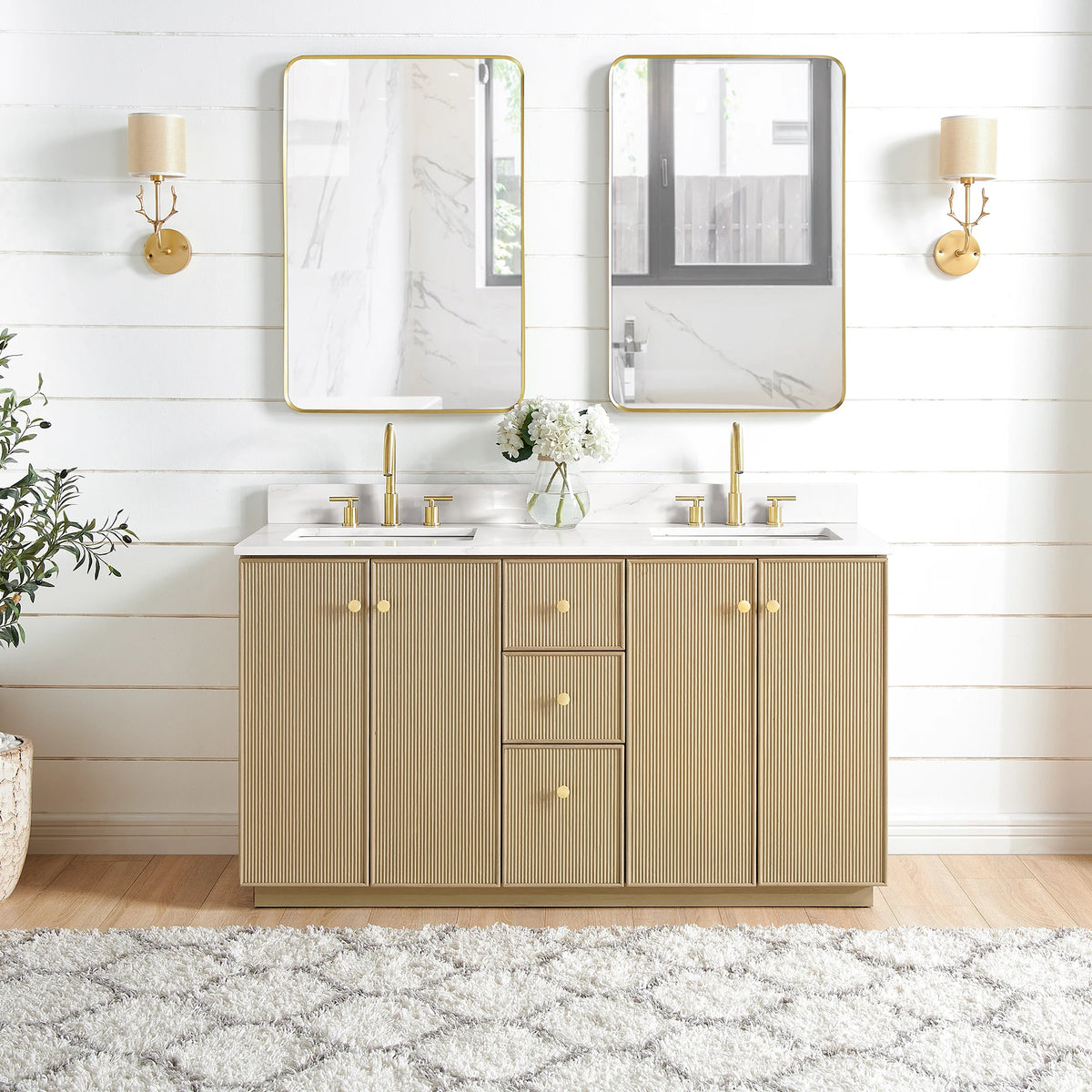 Bathroom room scene featuring the Dovessan double vanity in Aged Natural Oak