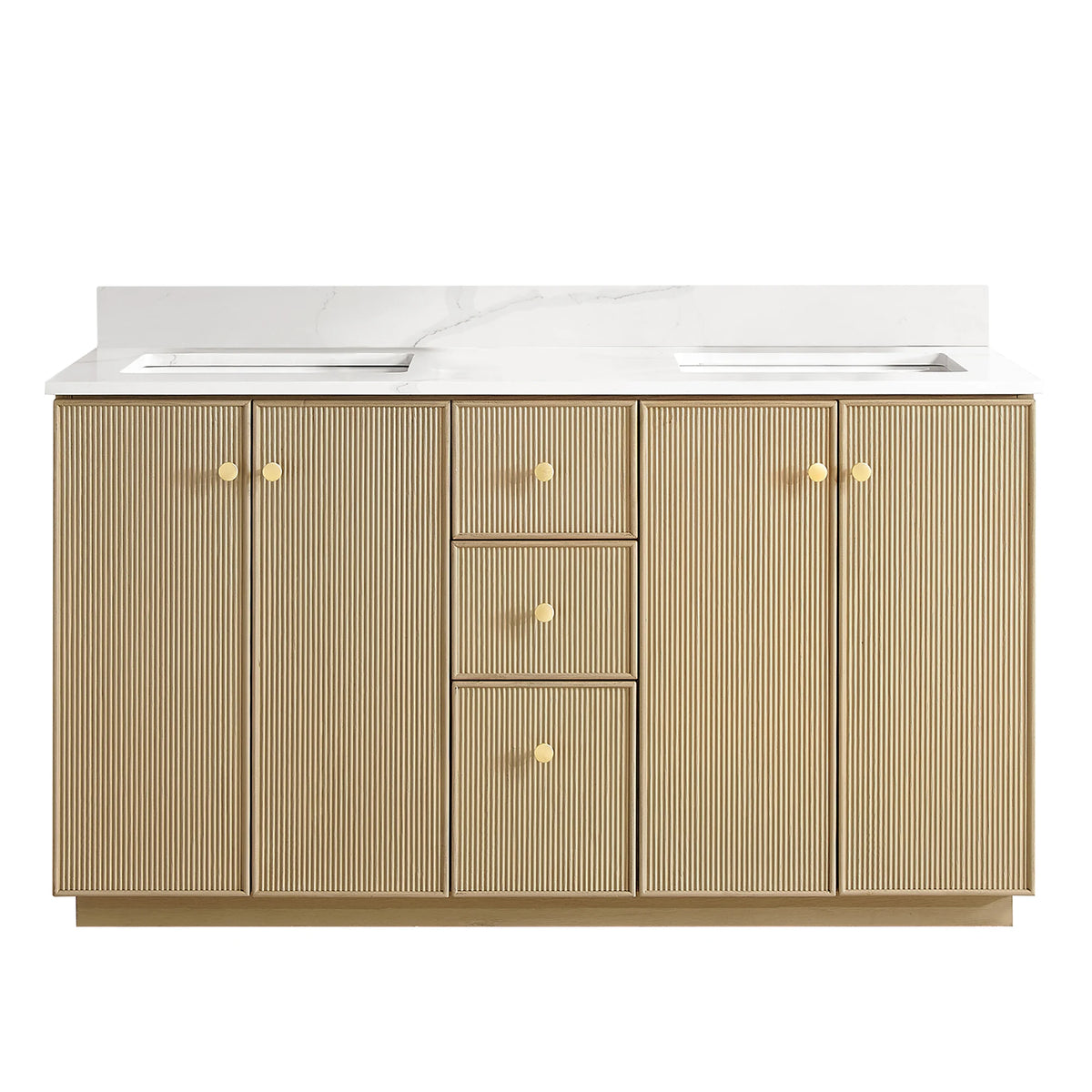 Straight-on view of the Aged Natural Oak double vanity without mirrors on white