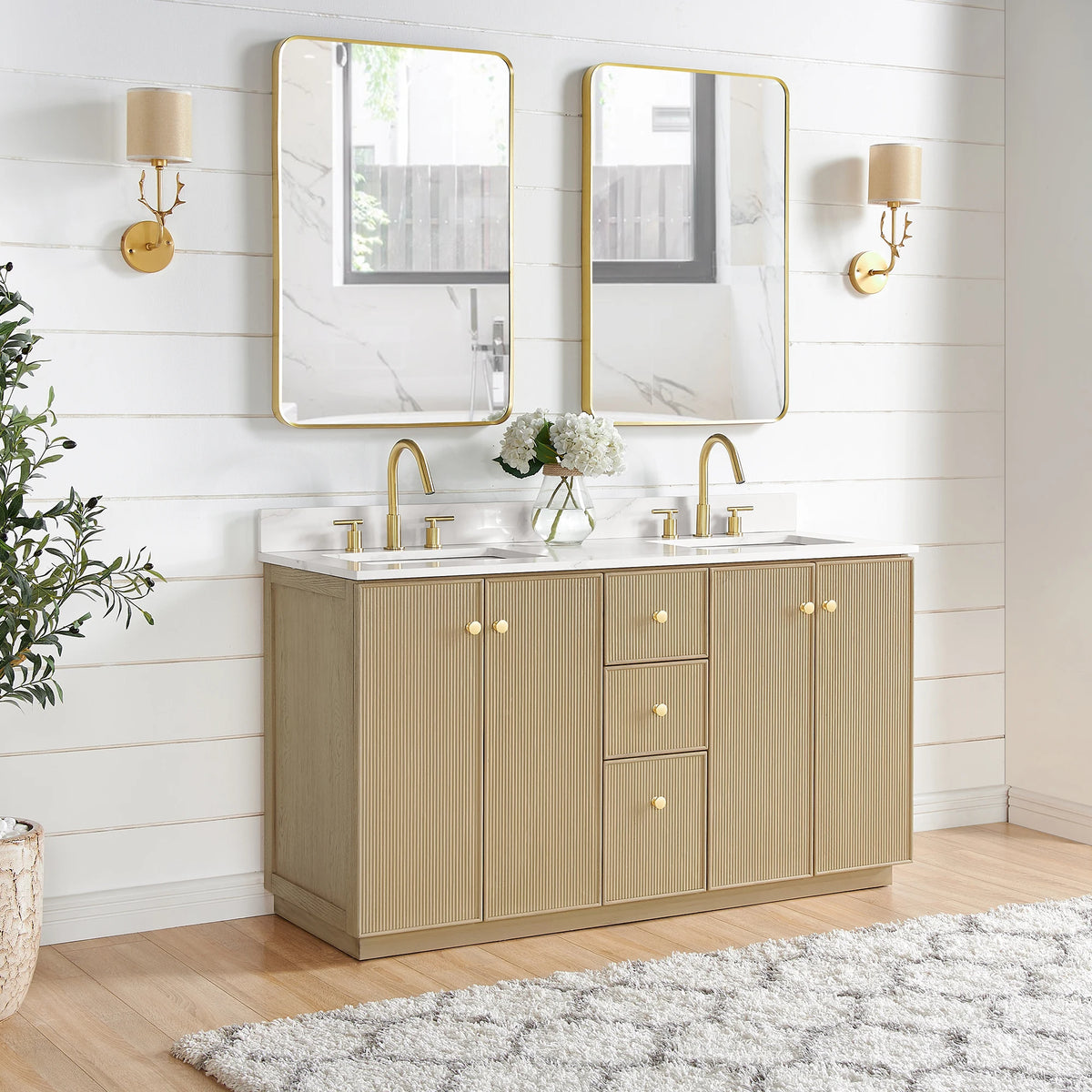 Bathroom room scene showing the Aged Natural Oak double vanity from another angle