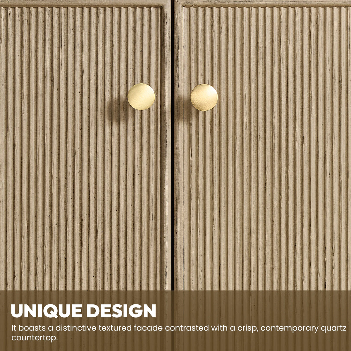 Close view of textured door fronts and Brushed Gold handles under the unique design callout