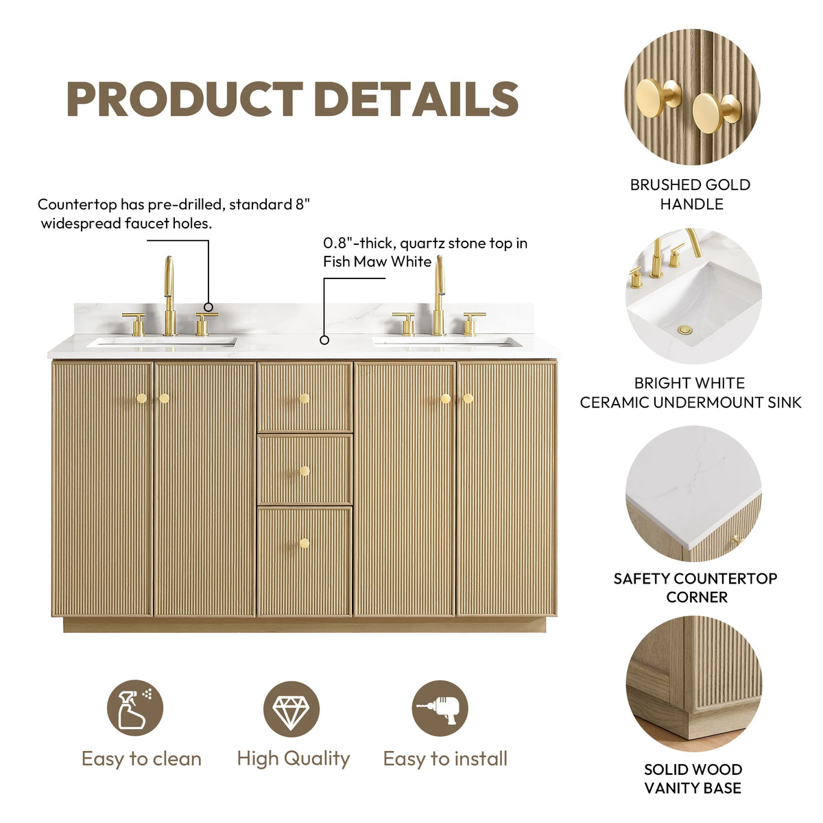 Product details infographic: 8-inch widespread faucet holes, 0.8-inch quartz top, Brushed Gold handle, undermount sink