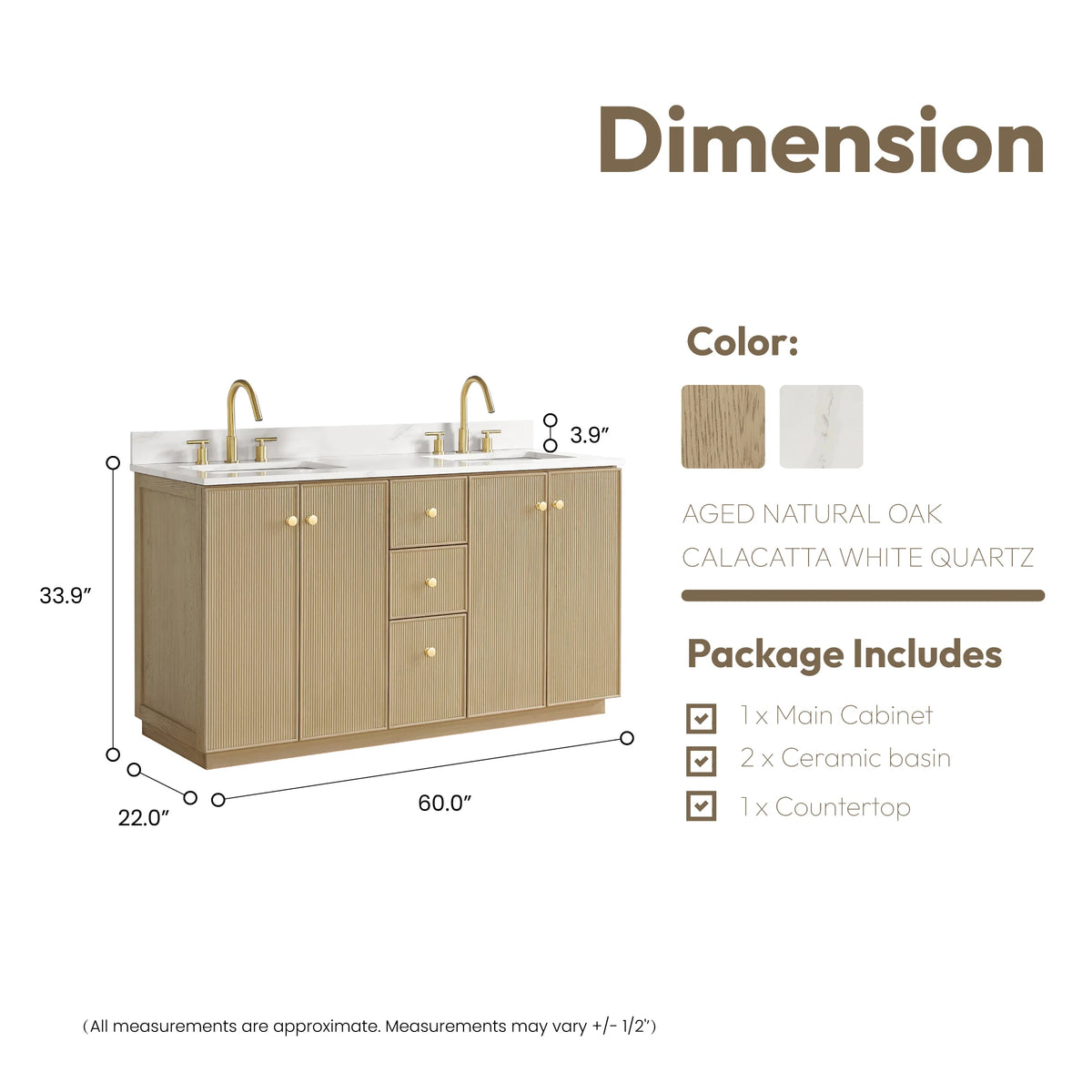 Dimension drawing of the double vanity, 60 inches wide, 22 deep and 33.9 high, with package contents