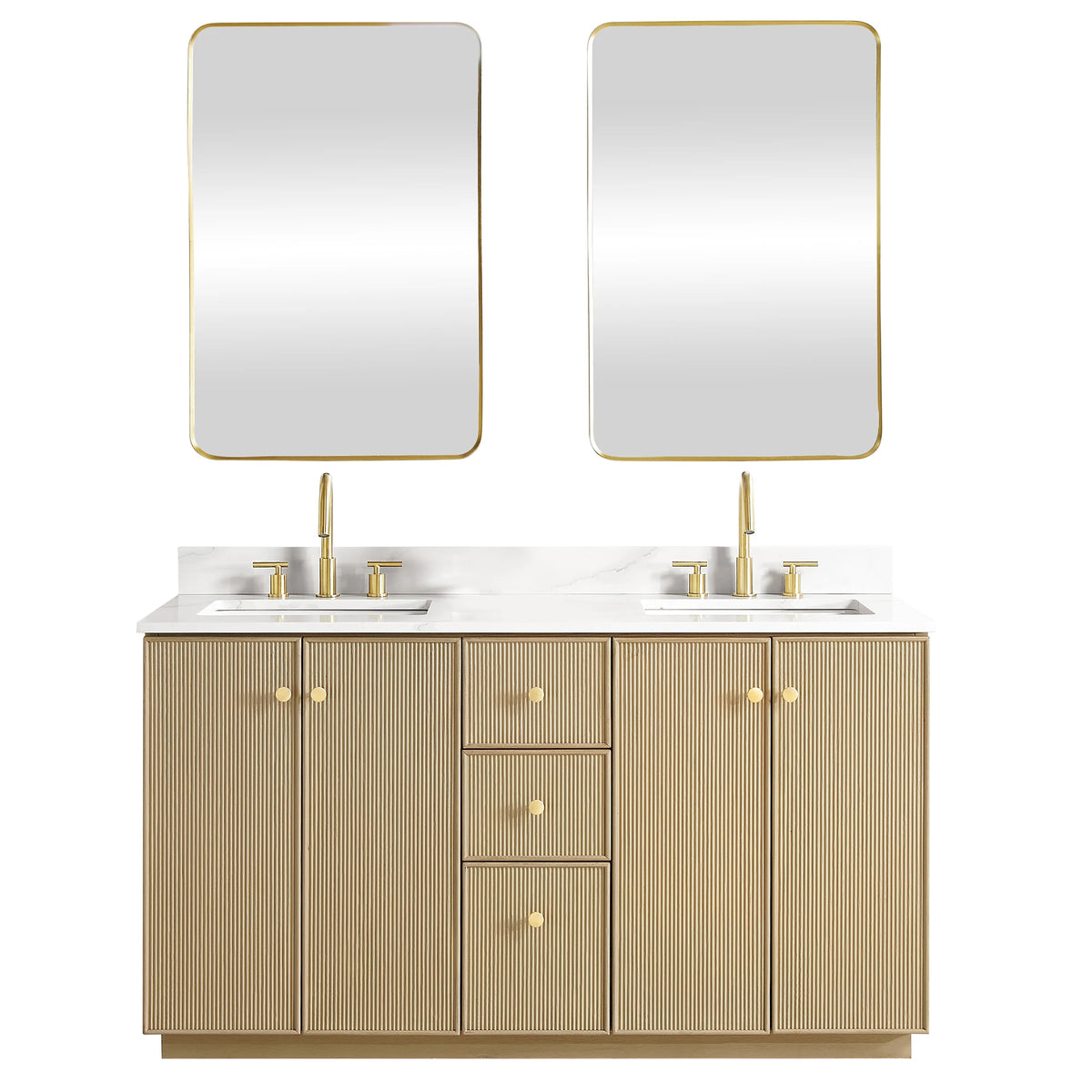 Double vanity in Aged Natural Oak with its matching rectangular mirrors, front view on white