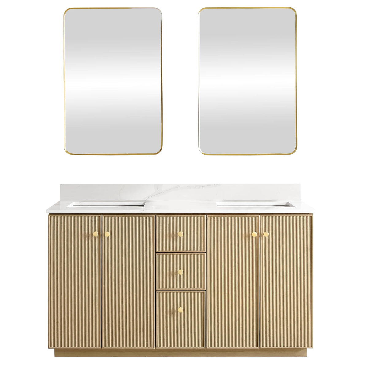 Aged Natural Oak double vanity paired with the matching aluminum-framed mirrors on white