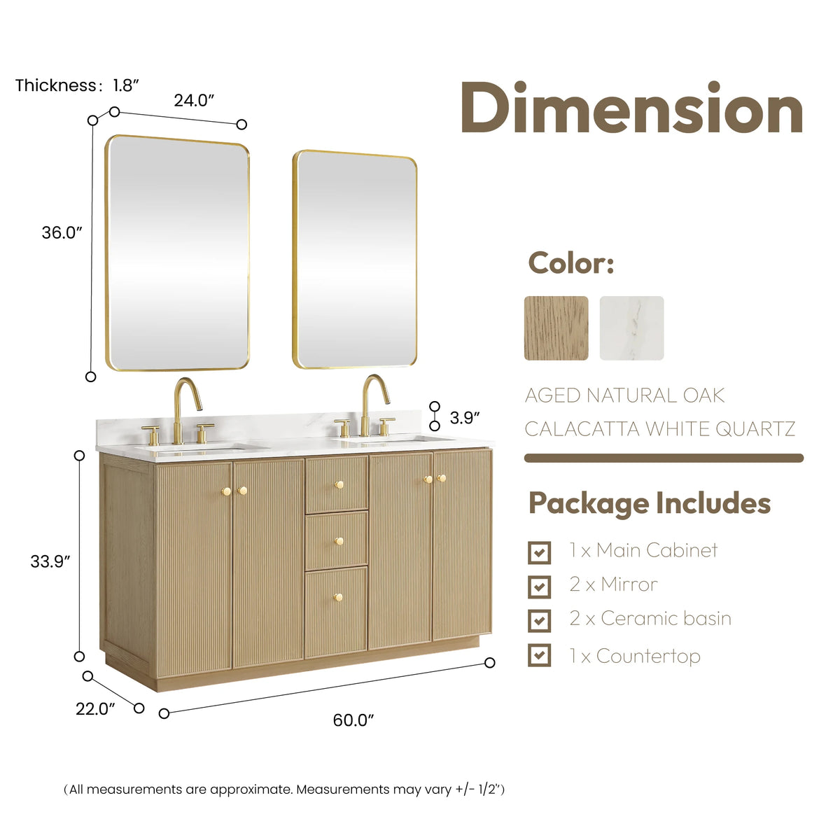 Dimension drawing of the double vanity with its matching mirrors