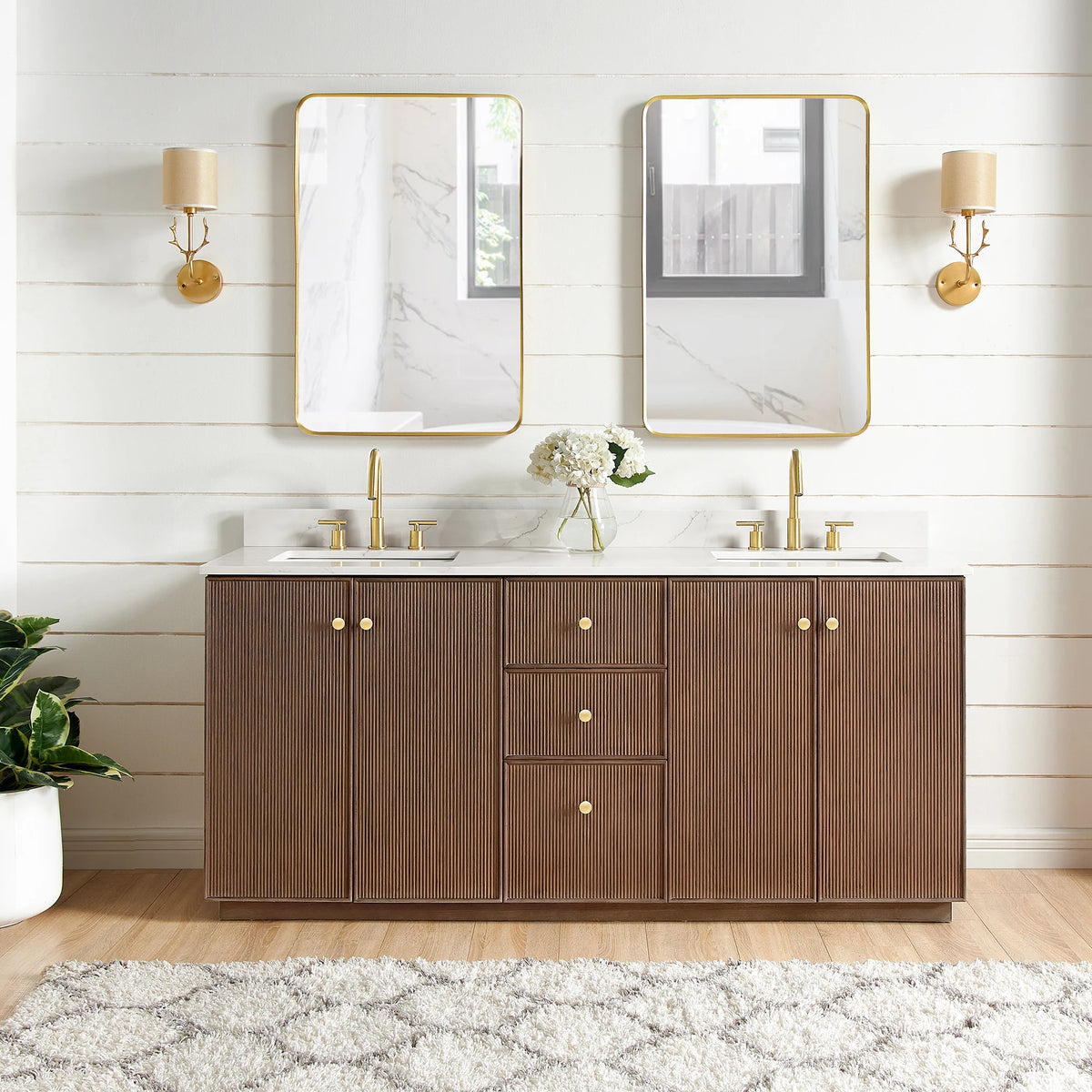 Bathroom photo of the 72-inch double vanity in Aged Dark Brown Oak, Vellora Dovessan collection