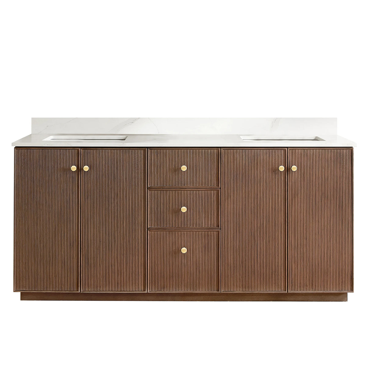 Front view of the 72-inch double vanity in Aged Dark Brown Oak without mirrors, freestanding on white