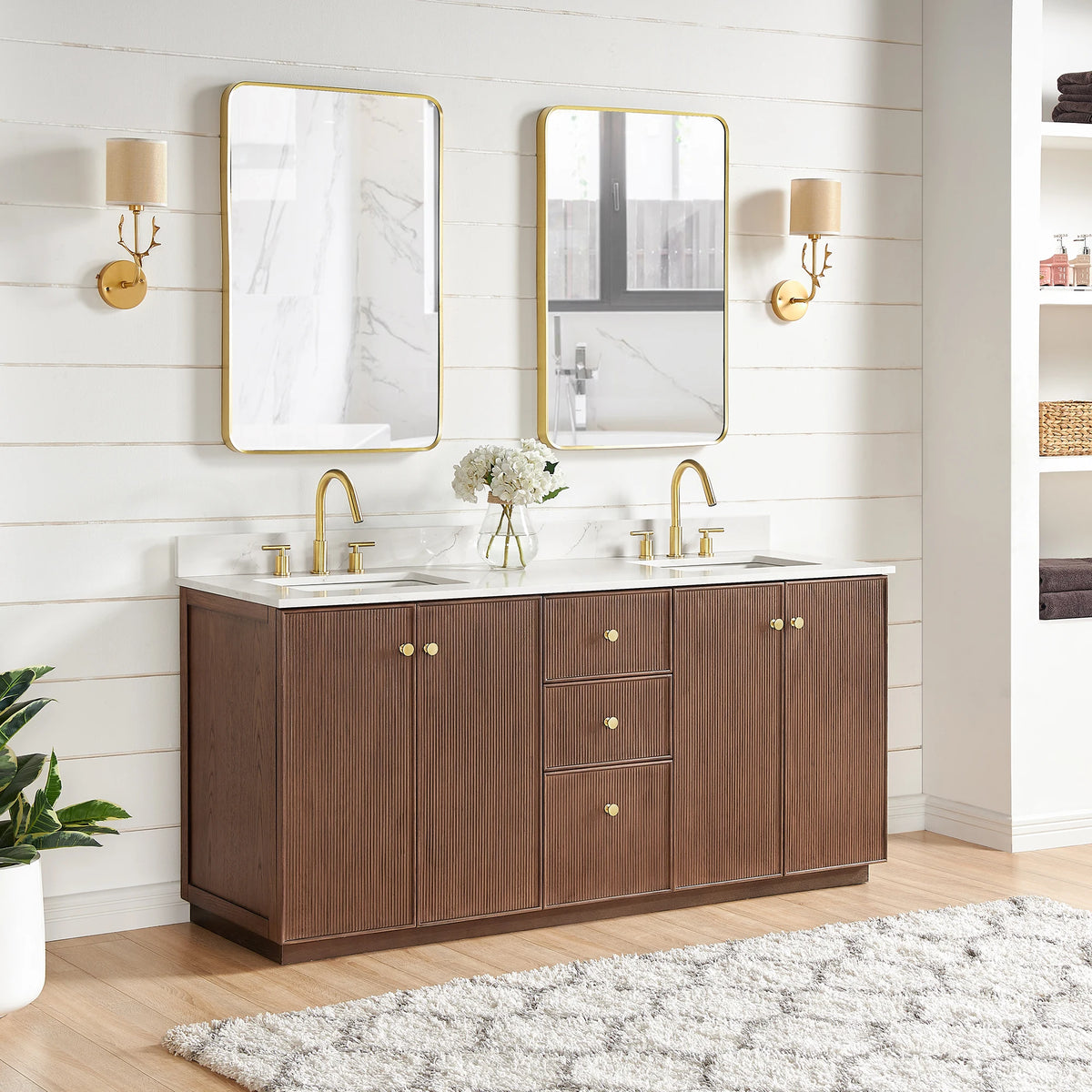Third bathroom scene featuring the 72-inch double vanity in Aged Dark Brown Oak