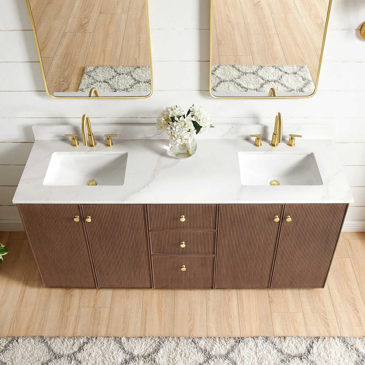 Overhead view of the Calacatta White Quartz top and undermount ceramic sinks on the 72-inch double vanity