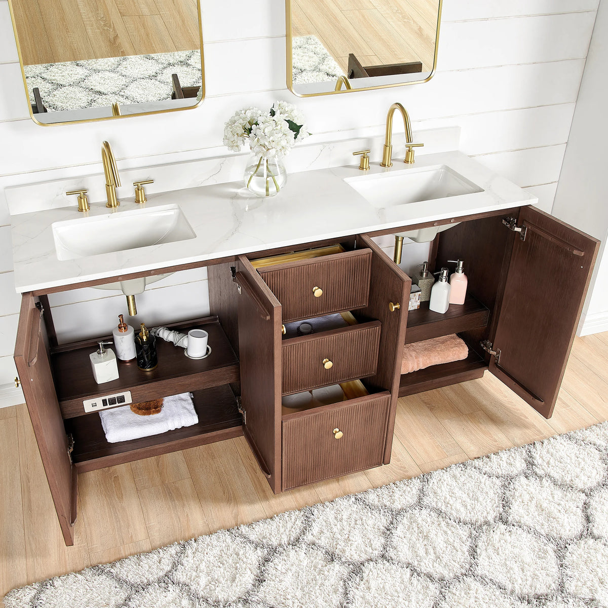 72-inch Aged Dark Brown Oak double vanity with doors and drawers open to show the storage inside