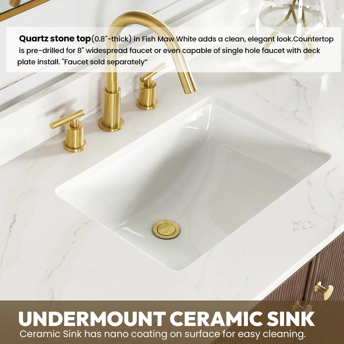 Callout: 0.8-inch Calacatta White Quartz top, 8-inch widespread faucet holes and a nano-coated ceramic undermount sink