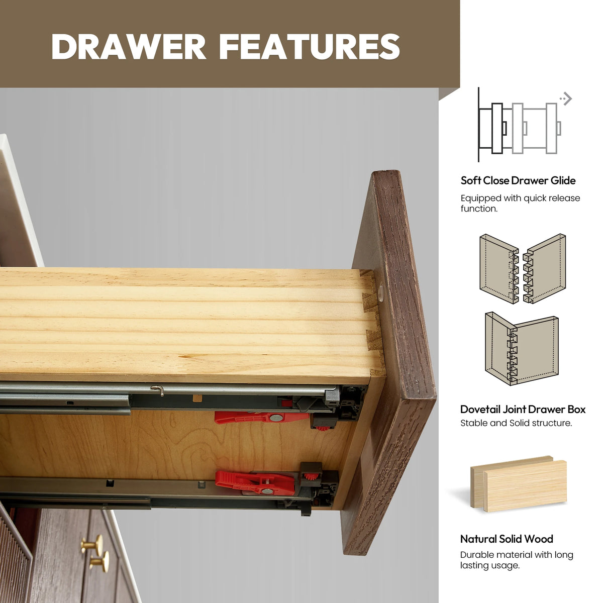 Open drawer with callout for soft-close glides, dovetail joint drawer box and natural solid wood
