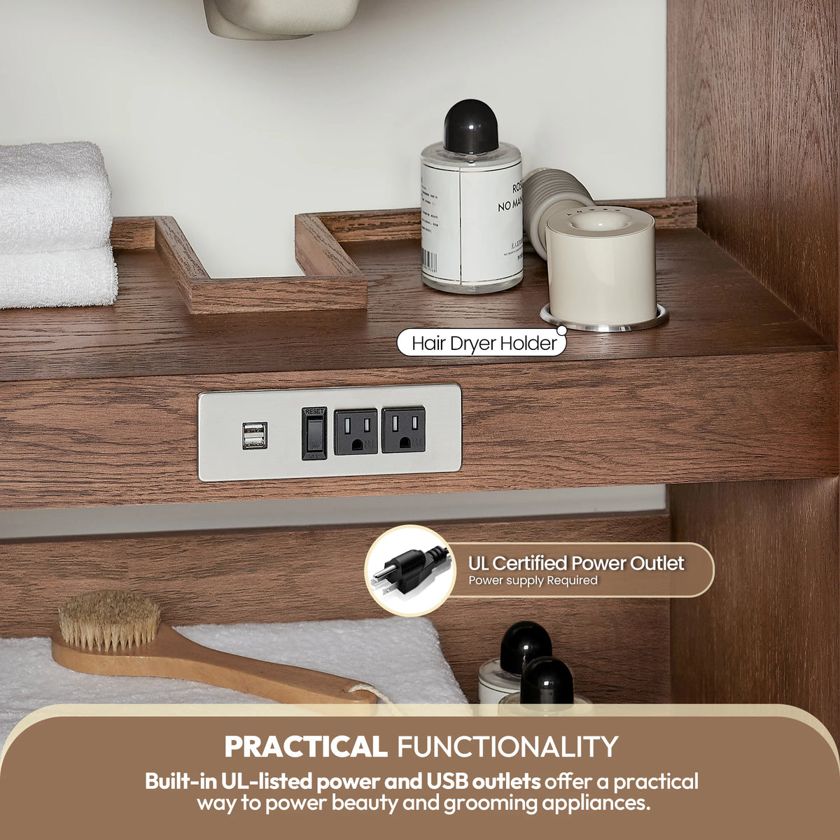 Callout for the hair dryer holder and UL-certified power outlet built into the vanity