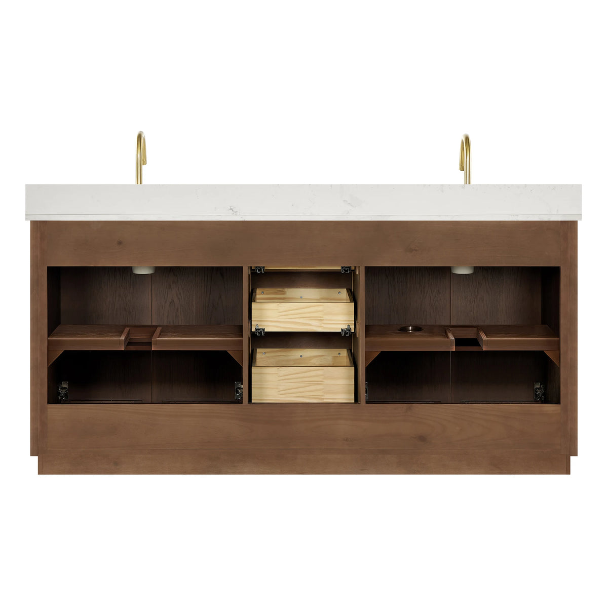 Back and open view of the 72-inch double vanity cabinet with no back panel, on white