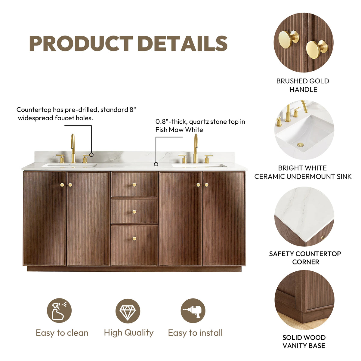 Product details graphic: 8-inch widespread faucet holes, 0.8-inch quartz top, Brushed Gold handle, ceramic undermount sink