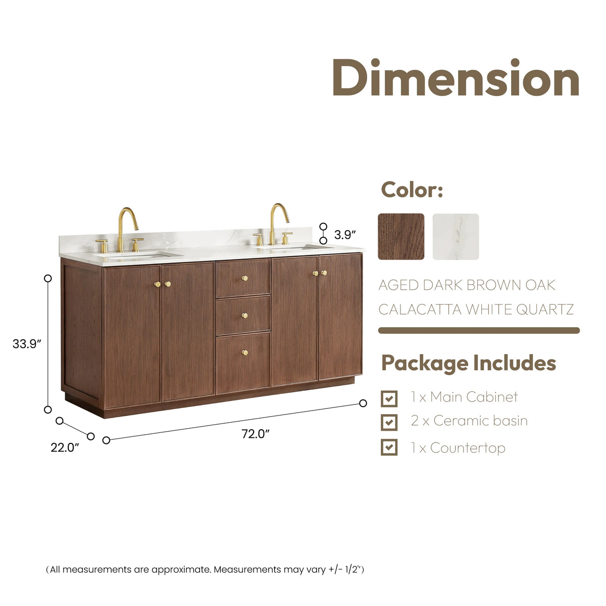 Dimension drawing of the 72-inch double vanity, 72 x 22 x 33.9 inches, with package contents list
