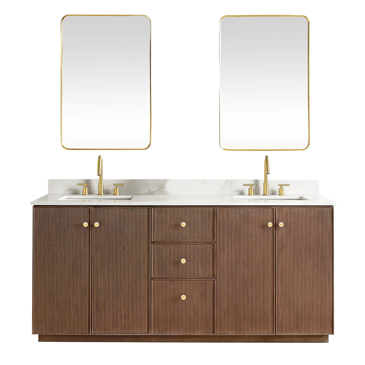 Two matching rectangular mirrors beside the 72-inch Aged Dark Brown Oak double vanity, shown on a white background