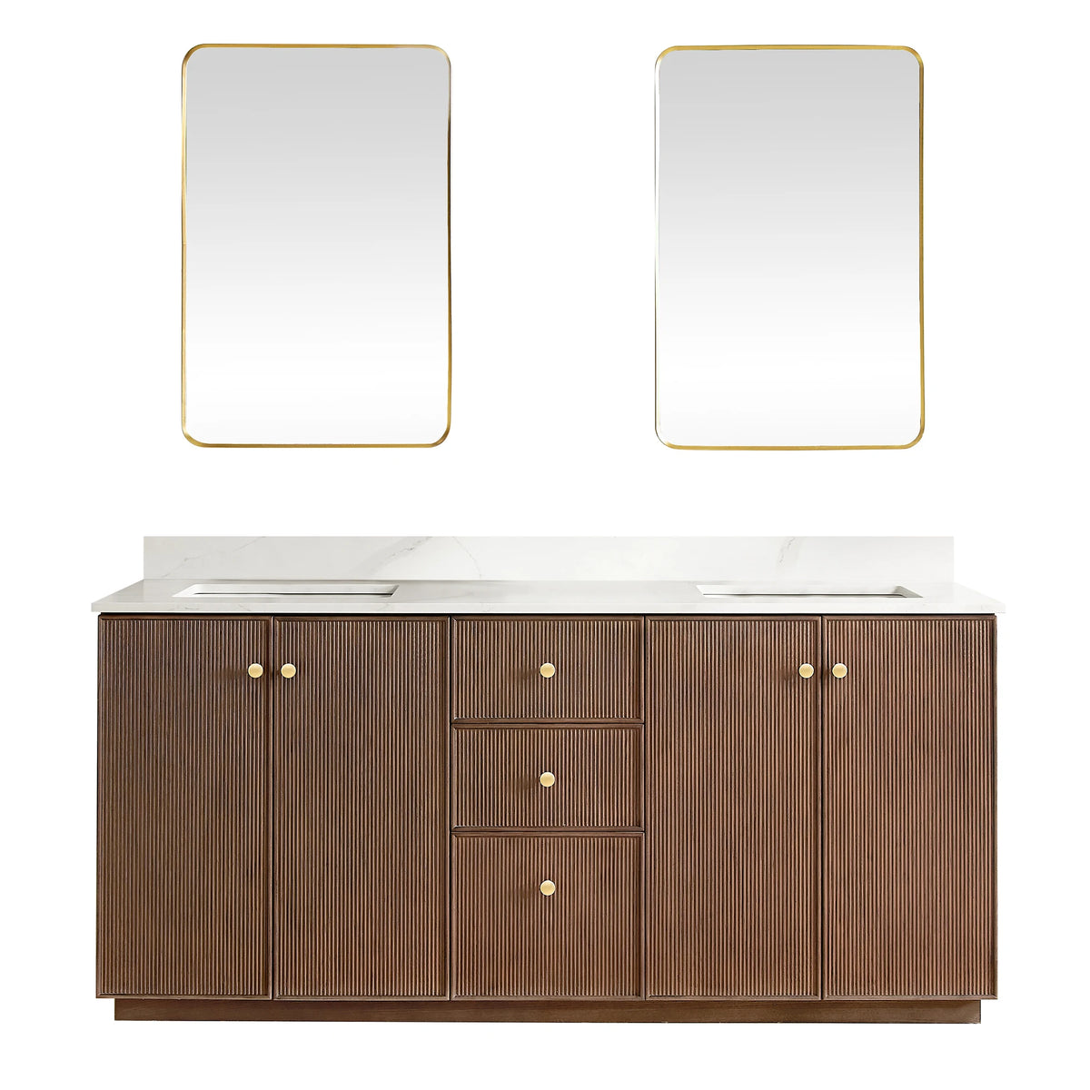 Vanity and two aluminum-framed rectangular mirrors, 72-inch double in Aged Dark Brown Oak, on white