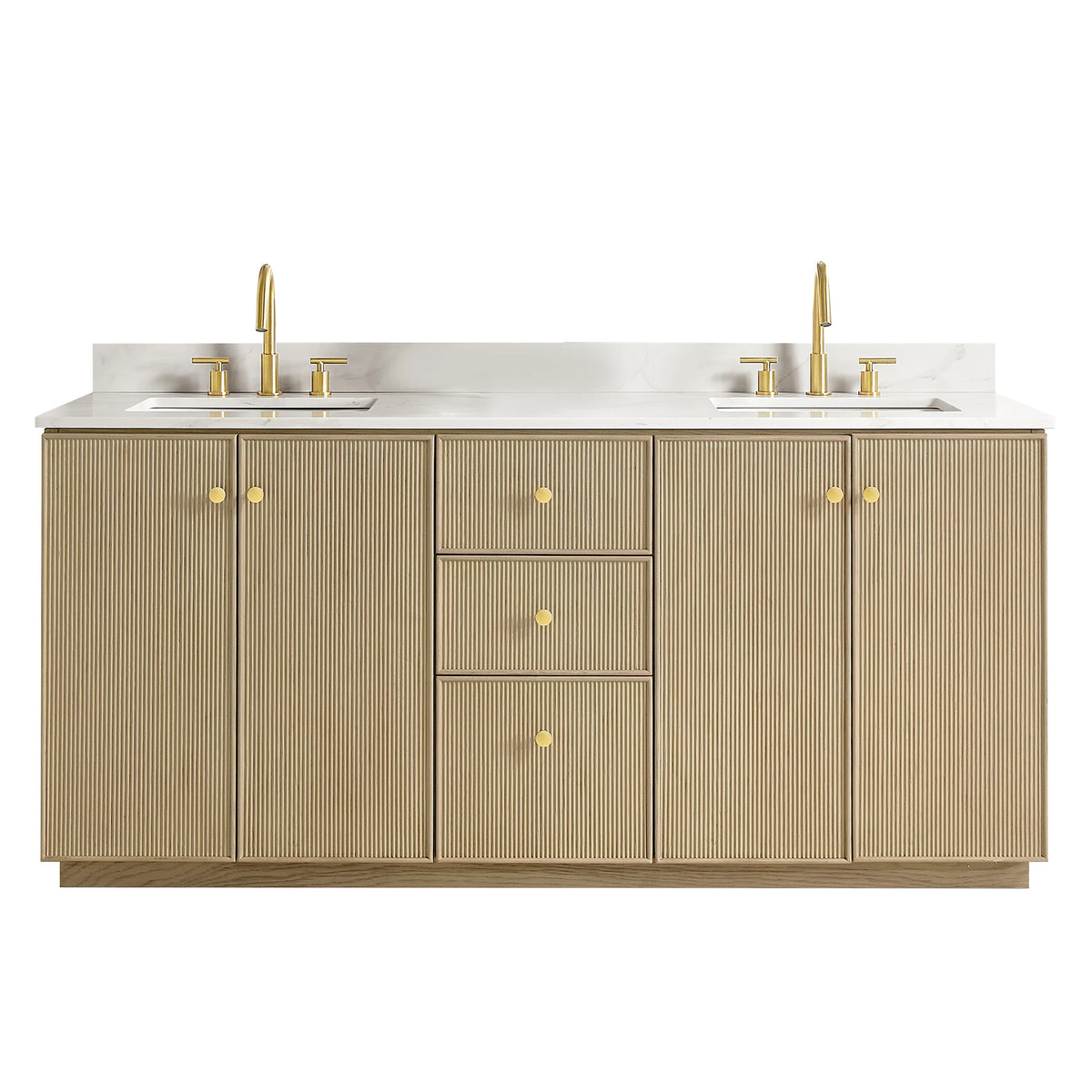 Aged Natural Oak 72-inch double bathroom vanity, front view with Calacatta White Quartz top and Brushed Gold handles