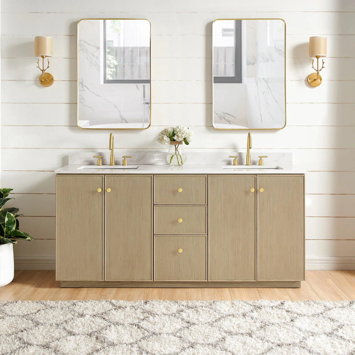 Bathroom photo of the 72-inch double vanity in Aged Natural Oak, Vellora Dovessan collection