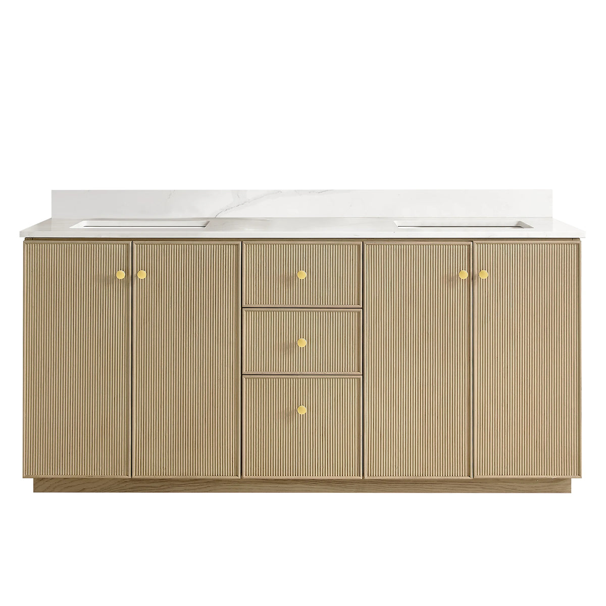 Front view of the 72-inch double vanity in Aged Natural Oak without mirrors, freestanding on white