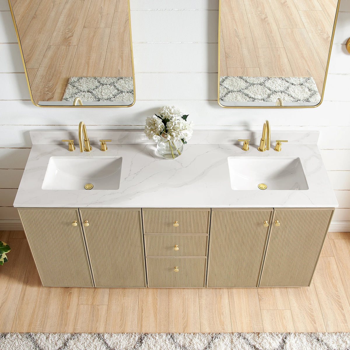 Overhead view of the Calacatta White Quartz top and undermount ceramic sinks on the 72-inch double vanity